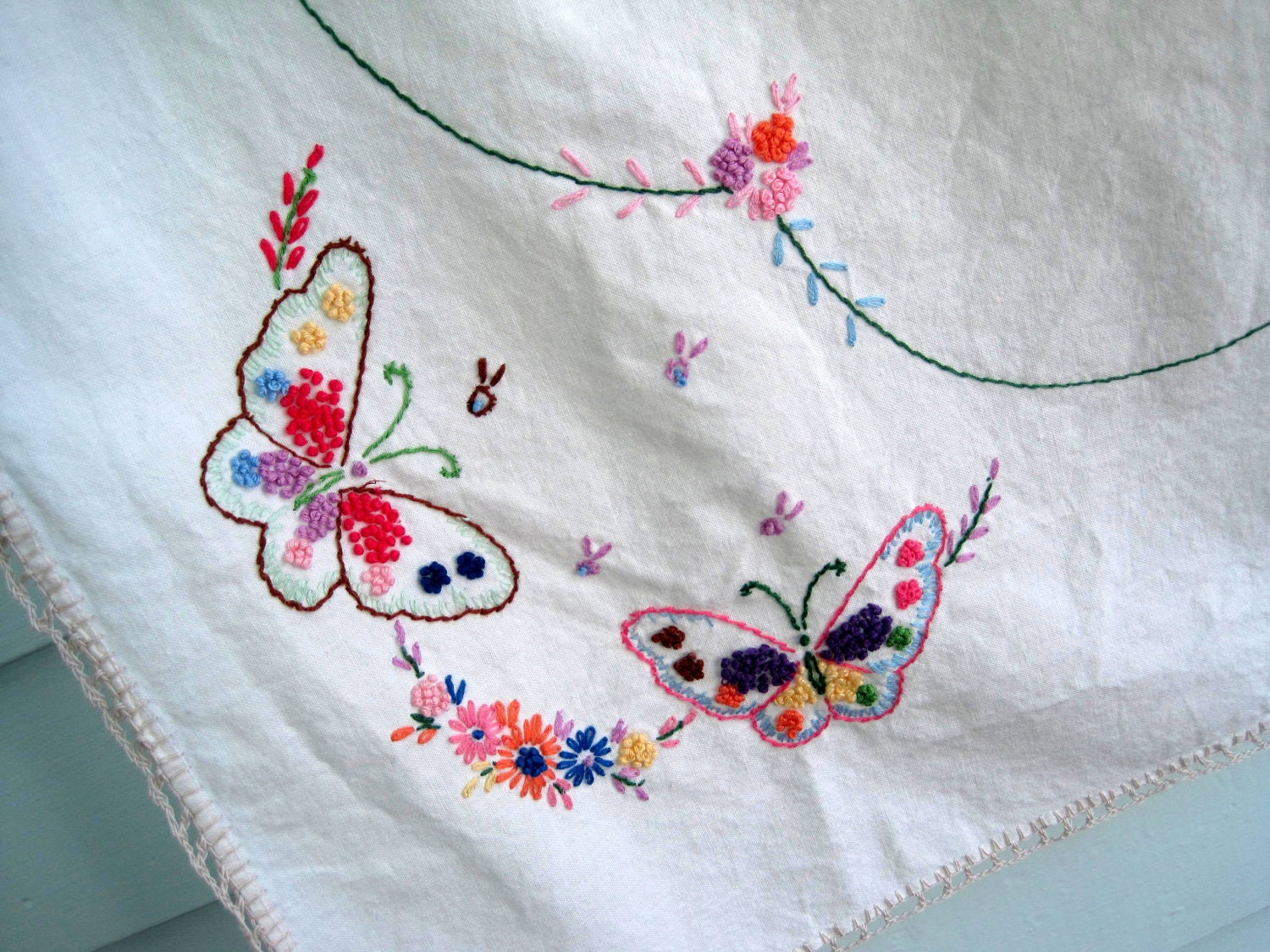 Vintage Embroidered Tablecloth, Lovely Vintage Linens with Butterfly Embroidery and Tatted Edges