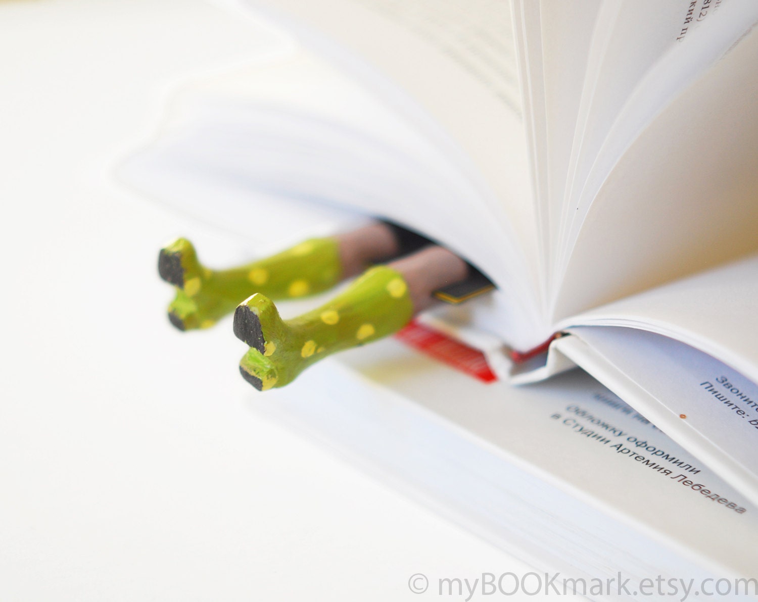 bookmark. Lime green boots with white dots. Legs in the book. Unusual art bookmark. Funny gift for her , mom, mother