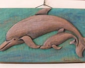 Hand Carved Dolphins Panel -Mother and Baby -Beach Decor- Nature- Coastal Decor