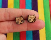 Wood laser cut stud earrings cat Owl head surgical steel posts natural wooden finish