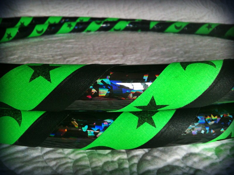 Verde Lunar Eclipse Dance & Exercise Hula Hoop COLLAPSIBLE or STANDARD - neon green black stars and moons