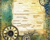Poetry 6x6 Art Print with original Found Text Poem about Time and existence - Altered Book Page - clock faces