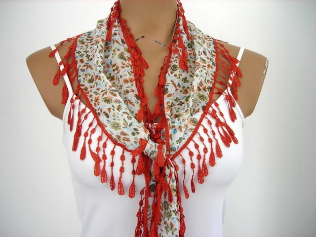 Flowered Cotton Woman Scarf Cowl Shawl Orange Blue Green Salmon