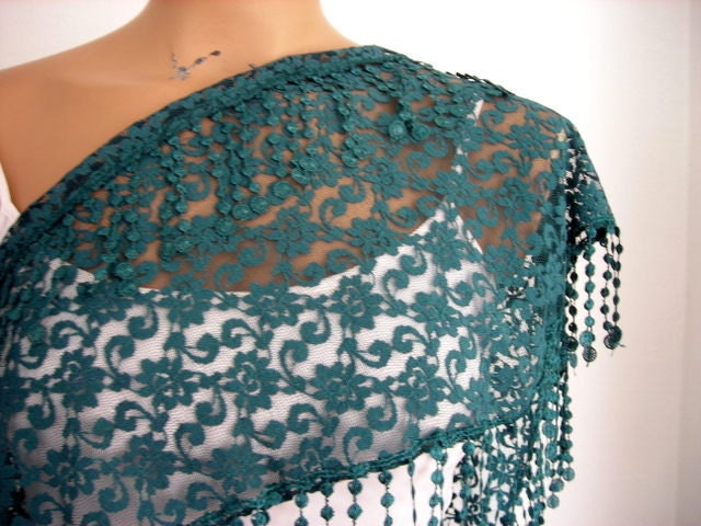 Tulle Forest Green Scarf Cowl with Tassel Woman Lace Shawl Wrap