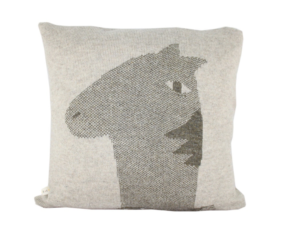 Decorative Pillow -Hercules, the horse - soft knitted pillow - grey, brown, 18x18, includes insert