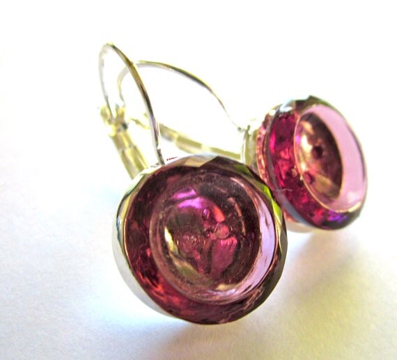Vintage purple glass 2-hole button earrings, silver leverbacks