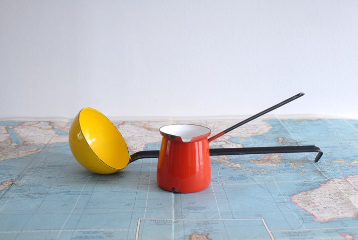 Bright Yellow Enamel Ladle and Red Turkish Coffeepot - Colorful Danish Modern Kitchenware