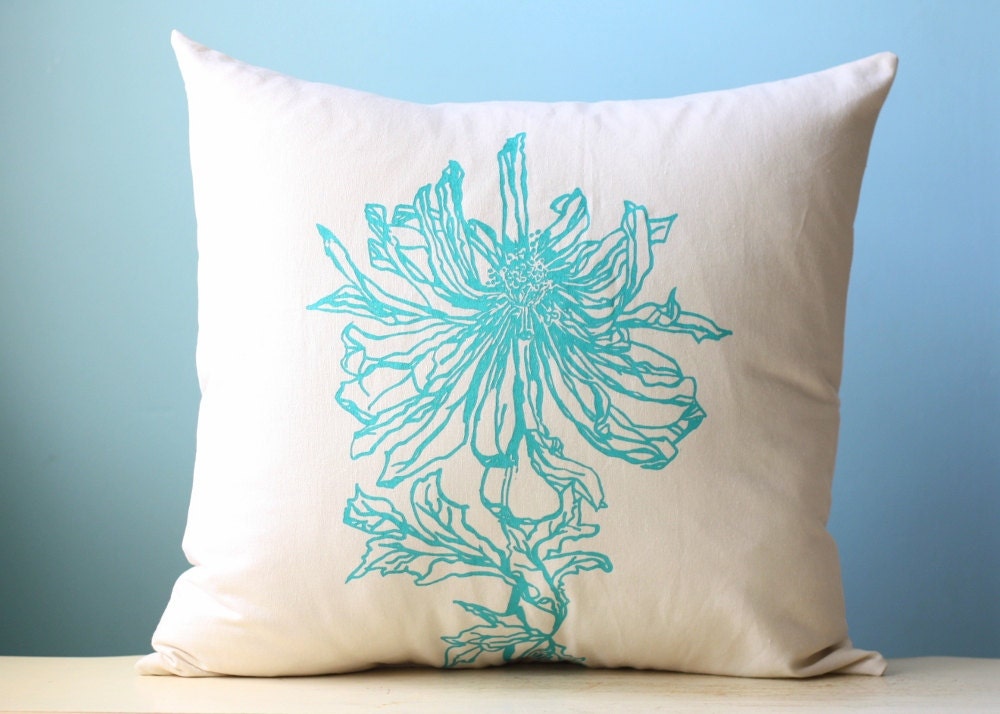 Daisy Flower Linen Pillow Cover, Decorative Cushion, Throw, 20x20 Teal Turquoise Spring Hand-Printed Screen Print Pillow Art