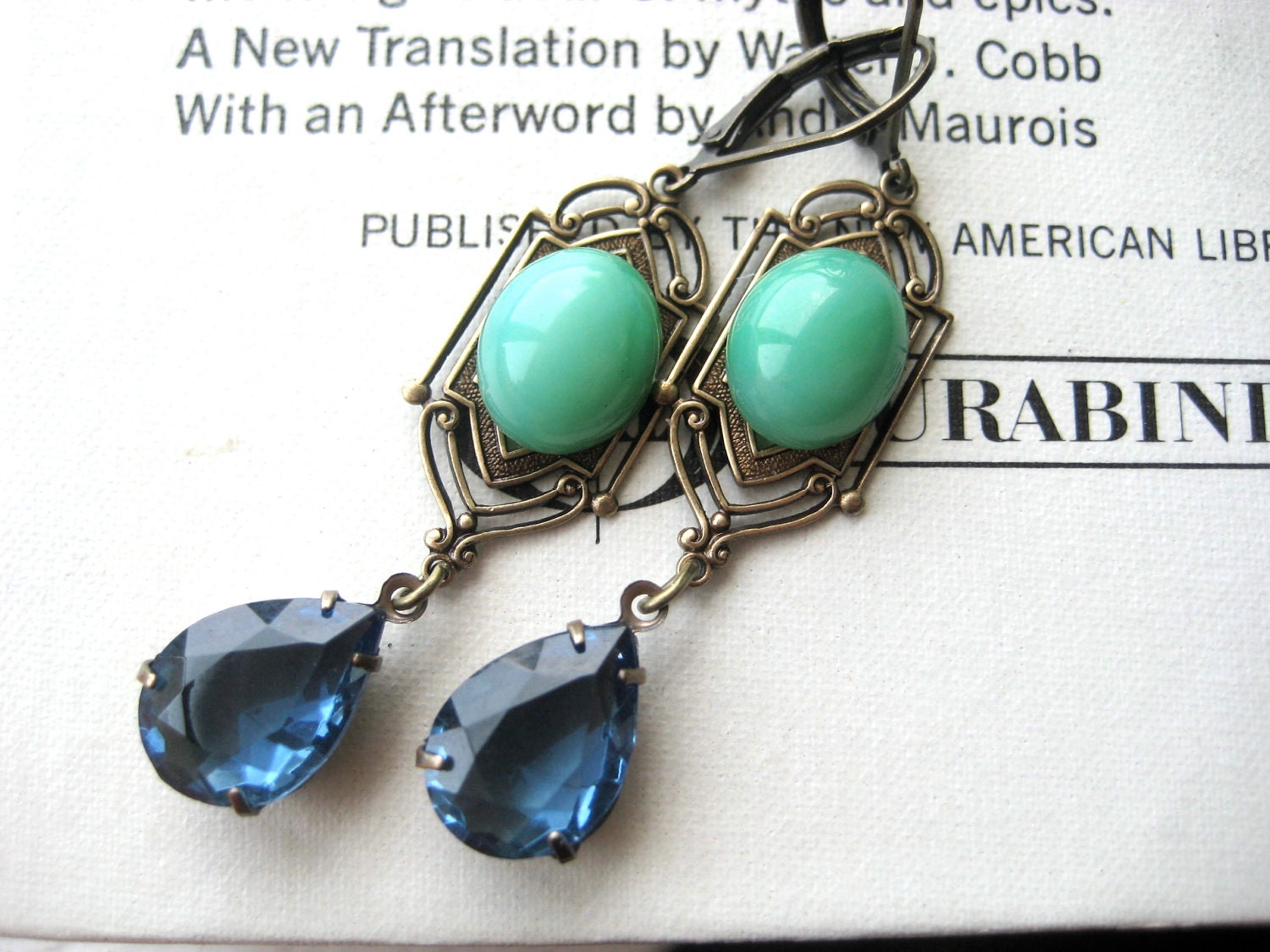 Art Deco Earrings - jade, blue, brass, vintage style, geometric, antique brass, long earrings, 1920s, flapper