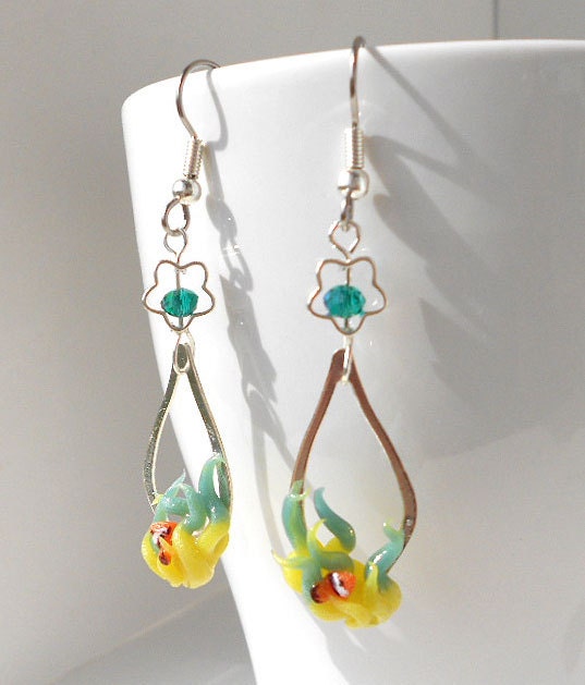 fanART- "Green Sea Anemone with ClownFish" -unique earrings, gift for her, teenager gift, cool, easter gift