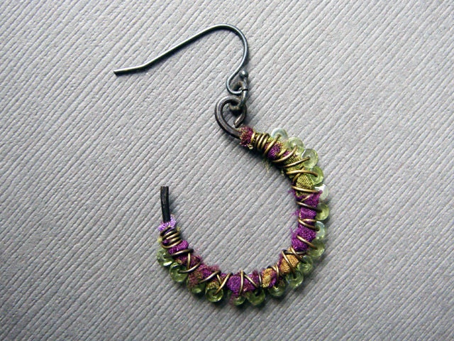 Purple Silk and Green Peridot Wire-Wrapped Hoops with Dark Patina