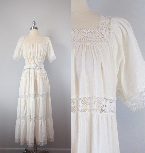 Vintage Maxi Dress. White. Gauzy. Sheer. Boho. Summer. Boho Wedding. Peasant Dress. L/XL.