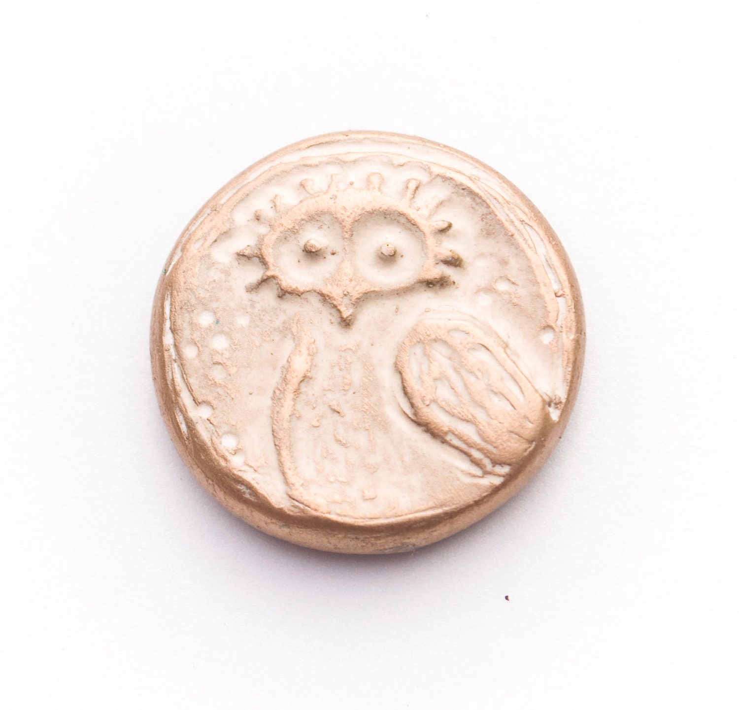 Vintage Ivory and Gold Owl Polymer Clay Pendant