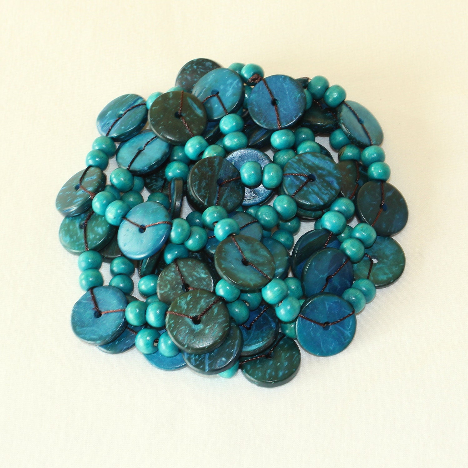 Ethnic Coconut Shell Necklace. Handmade. Extra Long Length Lariat. Colorful Coco Wood Beads. Blue Color Necklace.  MapenziGems CN05