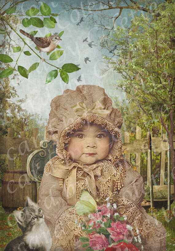 Baby in the Garden Digital Collage Greeting Card