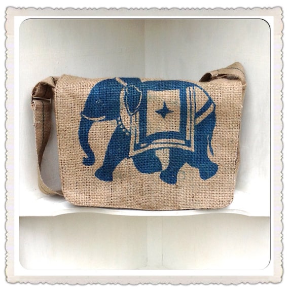 Eco- friendly upcycled coffee sack  burlap   Blue messenger laptop bag with   Indian Elephant image