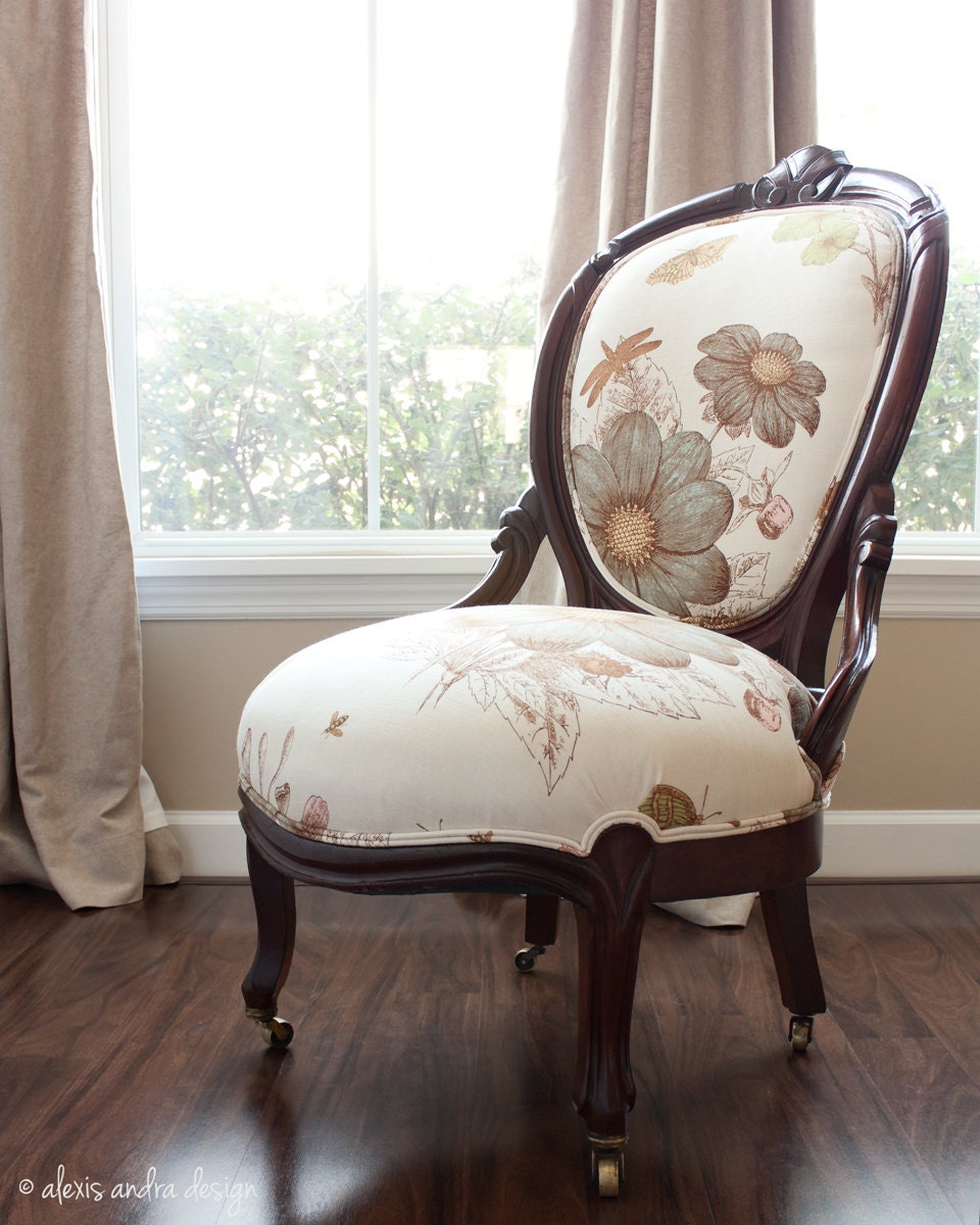 Hand Carved Antique Victorian Chair - classic upholstered unexpected cream vintage aqua green brown whimsical romantic country armchair