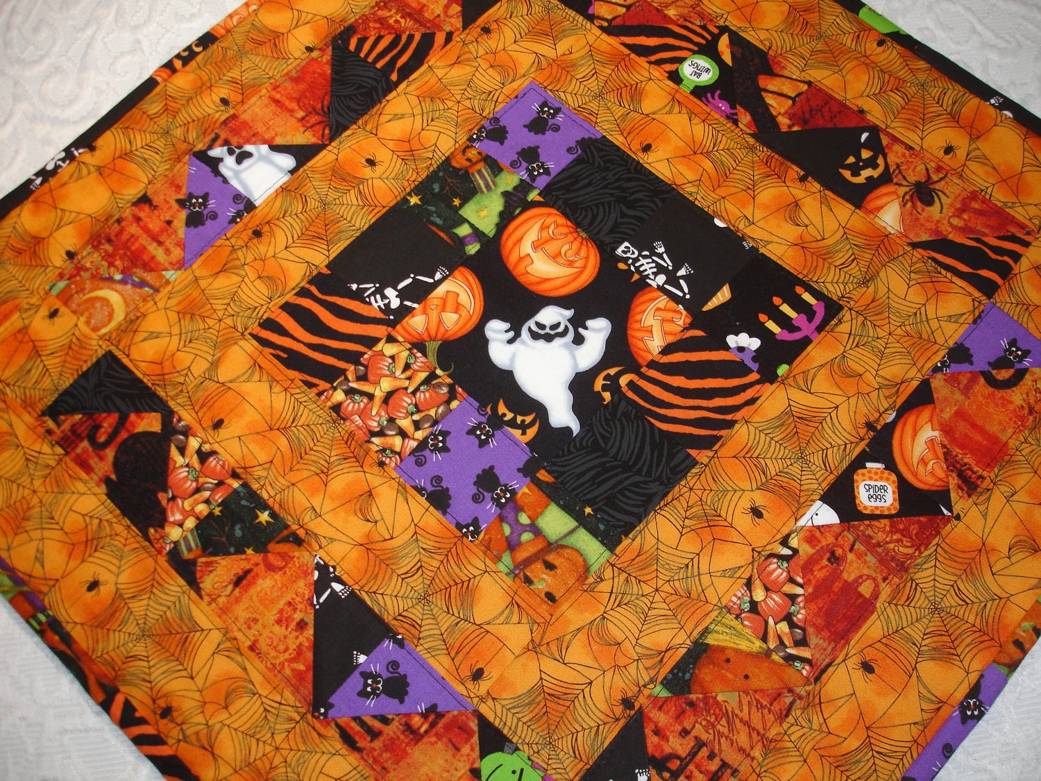 Halloween Table Topper Quilt Table Runner - Orange, Black, Purple - Witch, Ghost, Pumpkin
