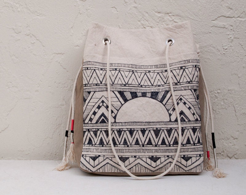 Tribal Tote Hand Drawn Original Surf Art Pattern Black & White Canvas Geometric