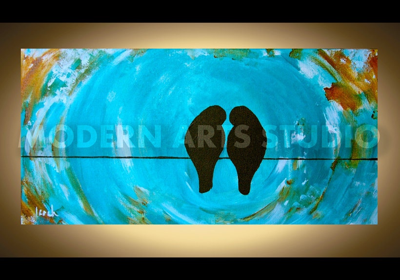 MODERN ART CANVAS Wall Art Original Painting 2 Romantic Love Birds Silhouettes on Wire Blue Turquoise Gold Cottage Chic Wedding Engagement