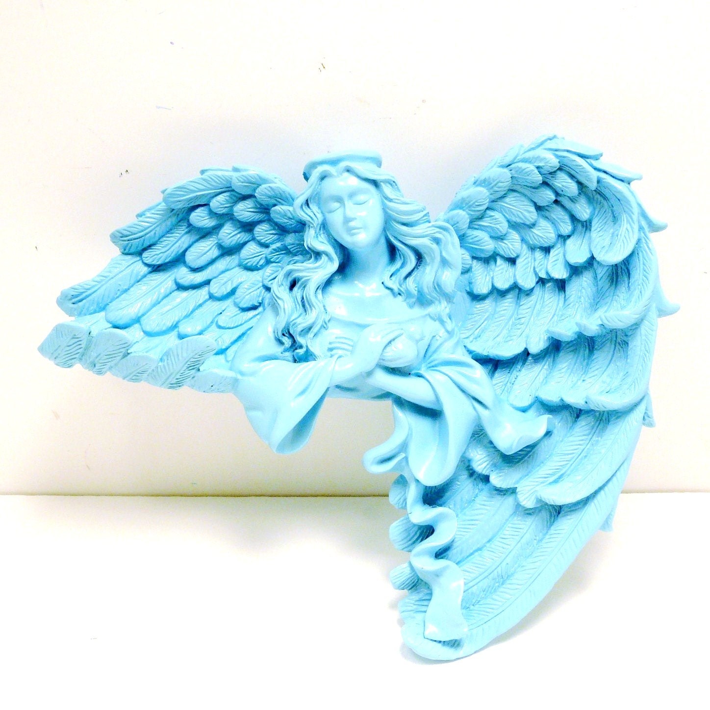 angel sitting shelf, wall decor // decorative figurine aqua sky blue, upcycled home decor , angels, wings, bird, romantic