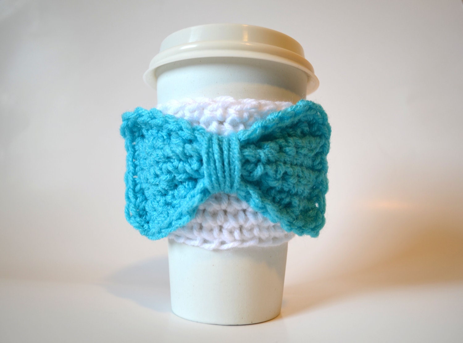 White and Aqua Blue Bow Coffee Cozy