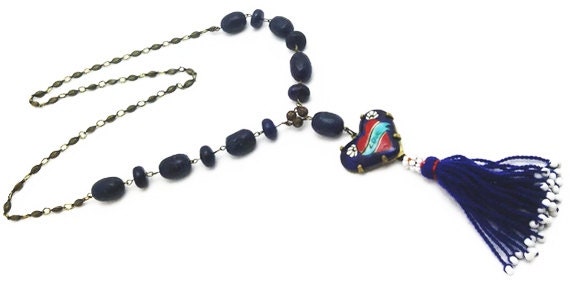 Deep blue, Navy Blue Authentic Afghan tassels, Iznik tiled necklace, OOAK, Valentine, Love