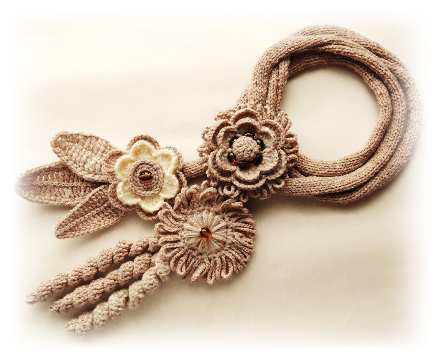 Elegant and Versatile Hand Crochet Knitted Scarf Lariat Brooch Belt Headband Beige Ivory Flowers