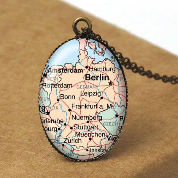 Germany Pendant Necklace, Germany Map Jewelry, German Map Necklace, Berlin Map Necklace, World Traveler Gift, Travel Necklace N402