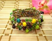 Bohemian beaded 5 times wrap bracelet 'Wood & Glass'- beach, surfer, summer fashion, boho chic, stacking, lime, turquoise, yellow, brown.