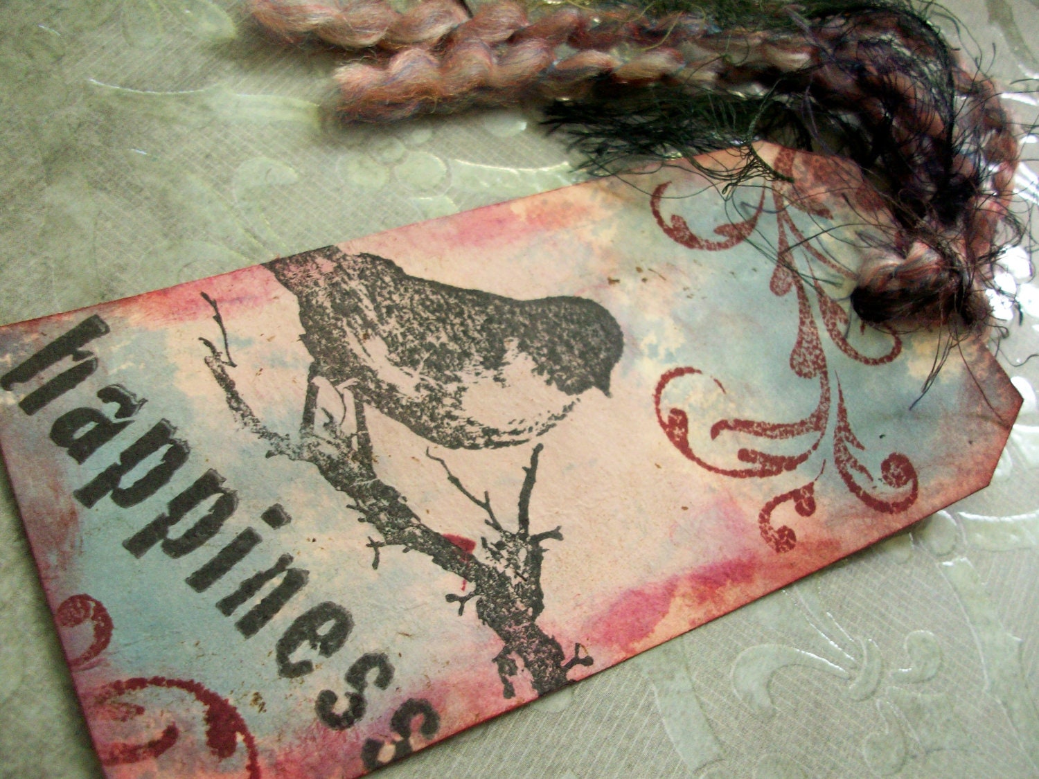 Handmade Stamped And Inked "HAPPINESS" Tags Or Bookmarks