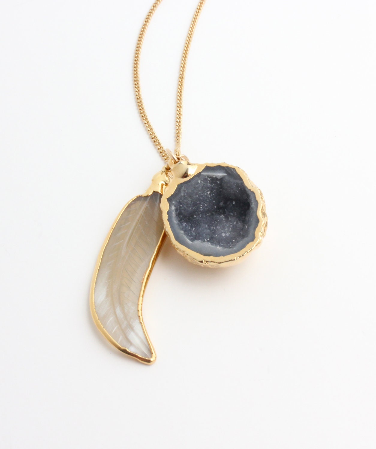 Black Druzy Ivory Horn Feather Pendant Drop Charm Long Necklace 14K