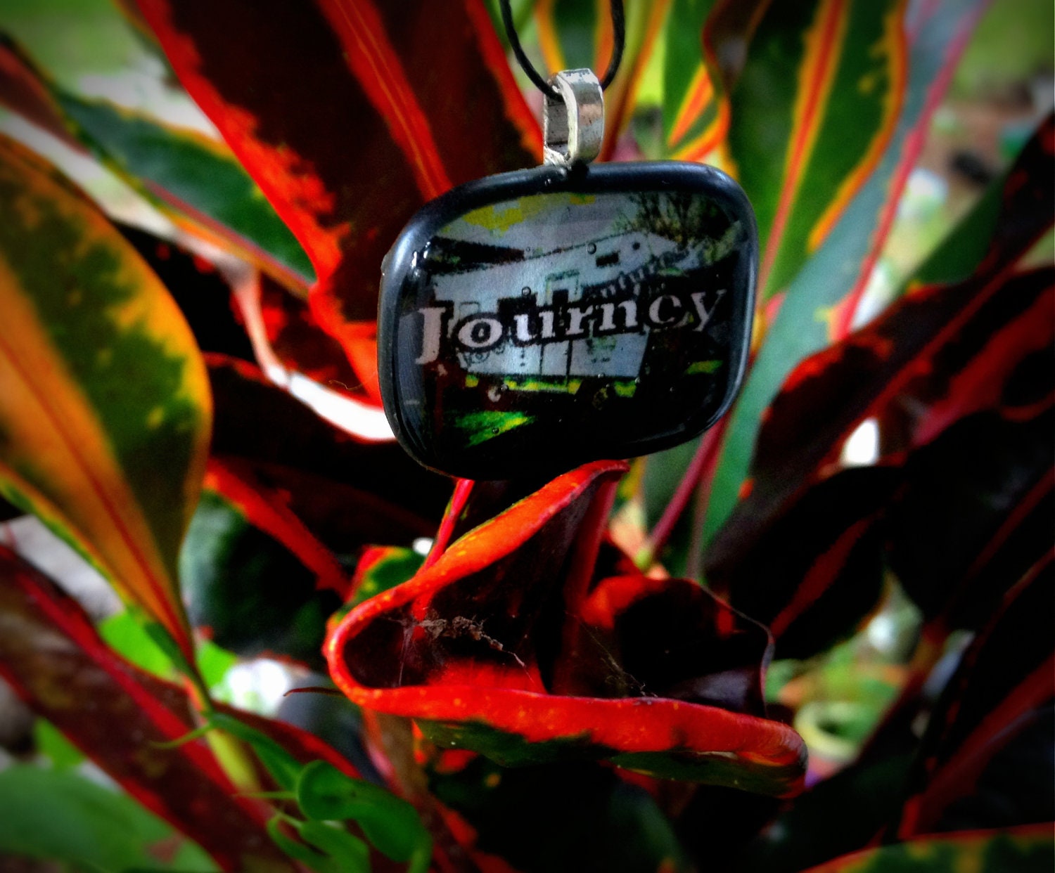 Journey winnebago funky glass necklace. Black, white, and green unique hippie, camper, traveler, rambler jewelry piece gift