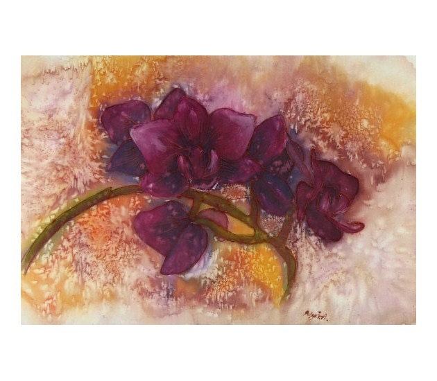 Purple Orchids Original silk painting - floral silk art - purple orchids, burgundy, red-violet