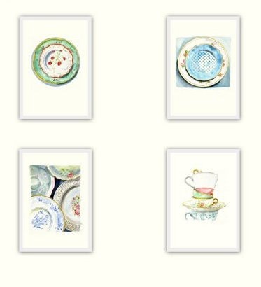 Still Life Kitchen Decor Art Print of Original Watercolor Painting -- Teacups
