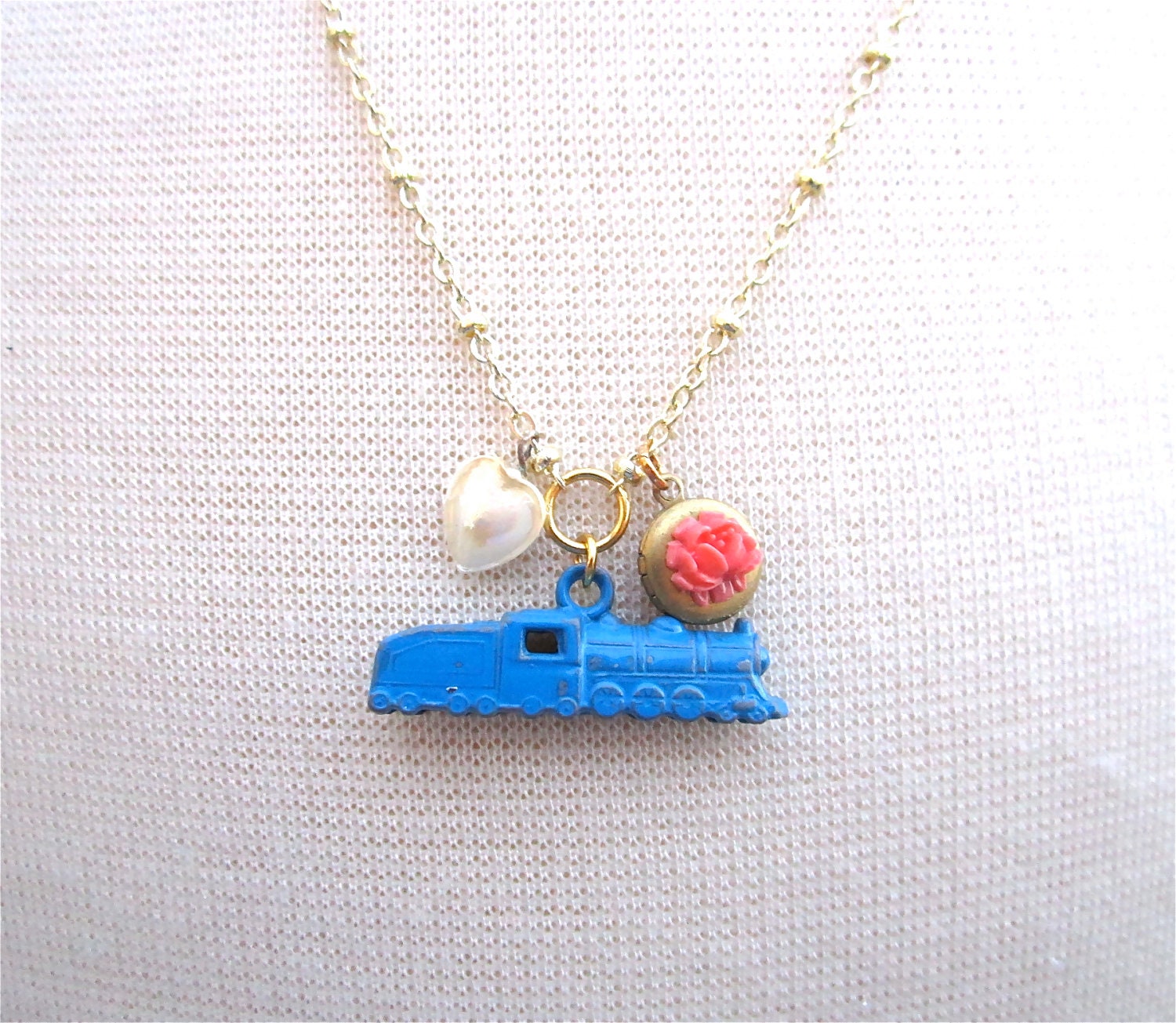 Child's Locket Necklace Stocking Stuffer Vintage Child's Charm Cracker Jack Train Shabby Chic Little Girl Gold Flower Heart - Blue Choo Choo