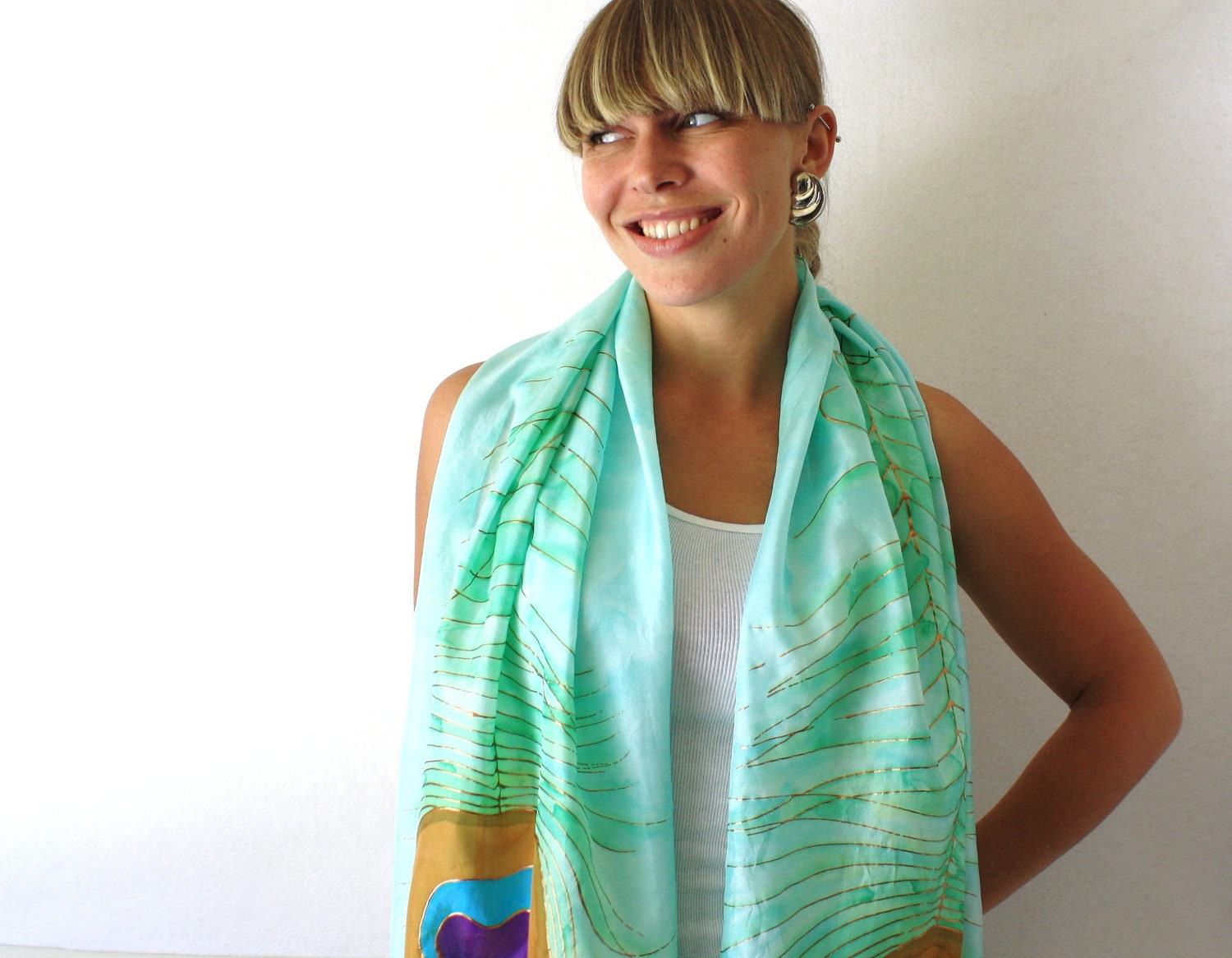 Turquoise Silk Scarf - Peacock Feathers - Hand Painted Silk Scarf - Summer Fashion - Green - Aqua