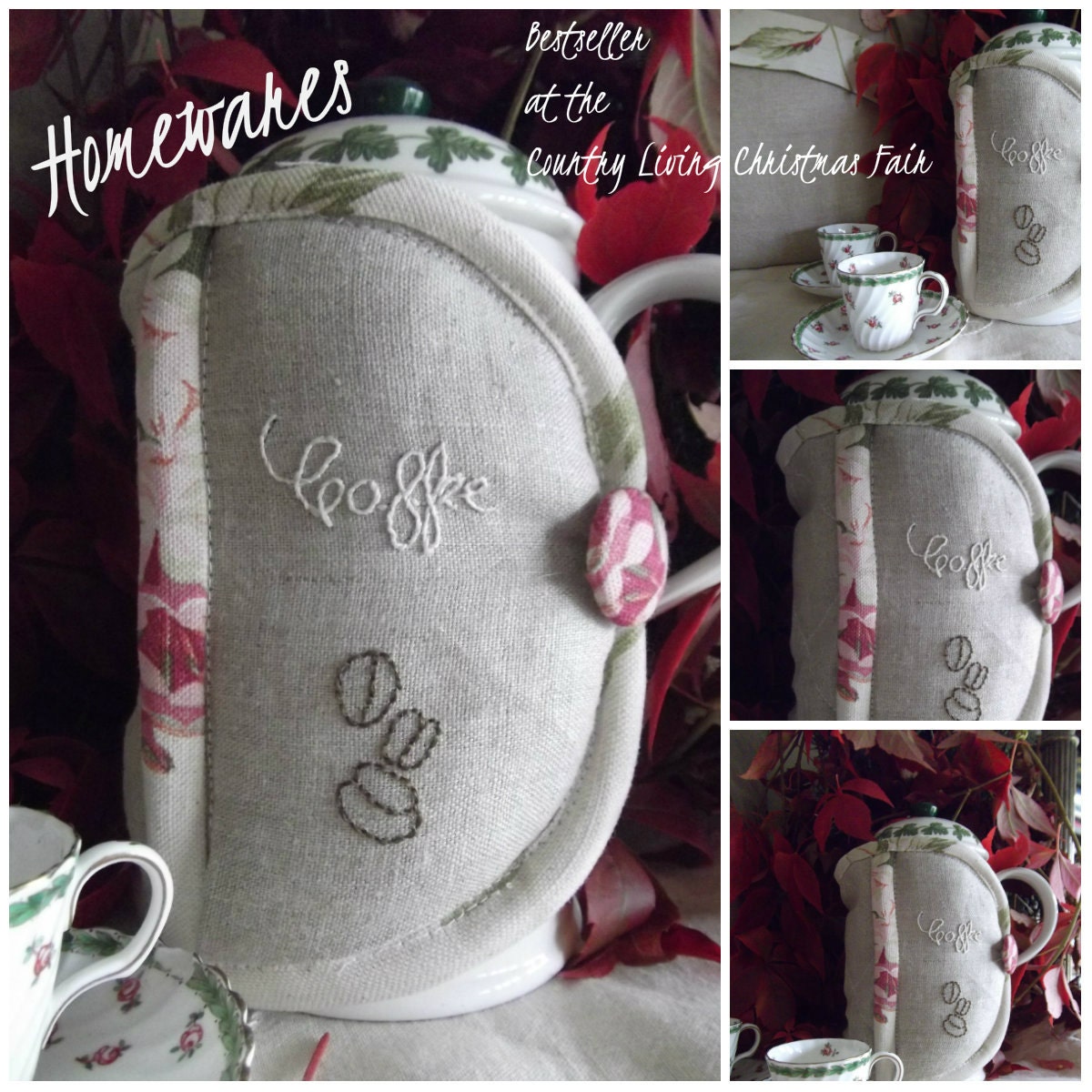 Cafetiere cover, linen, embroidered.