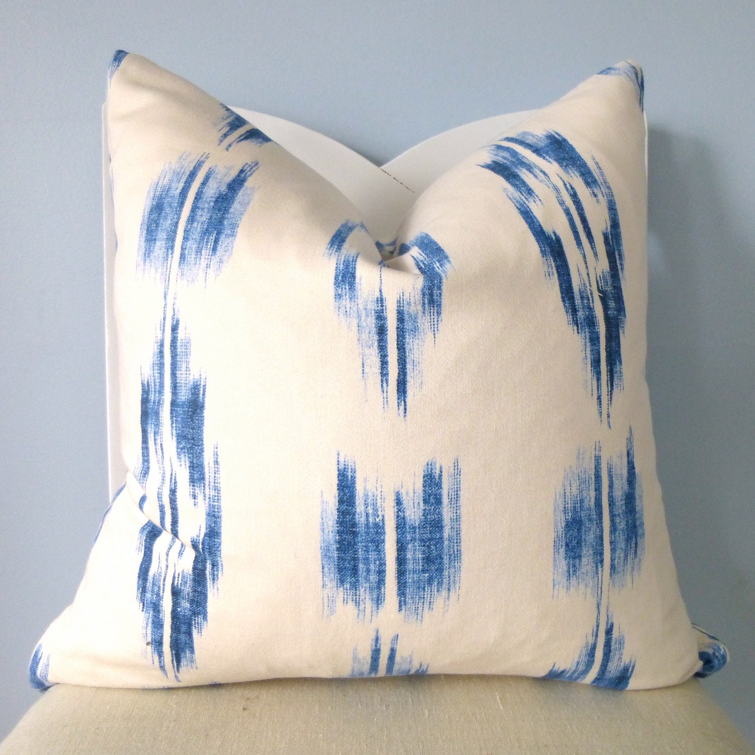 Blue and Off-White Ikat Decorative Pillow Cover 16 x 16