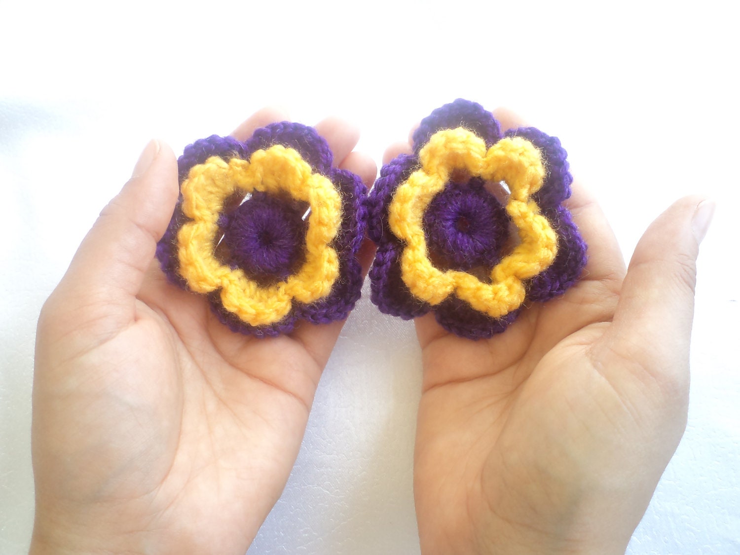 Crochet Flower Purple and Yellow, handmade flower, Set of 2