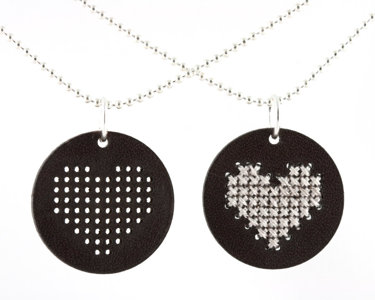 DIY Embroidered Leather Pendant with Shell Gray Heart - Cross Stitch Kit