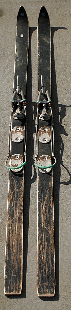 Early rare Vintage Old Vermont Farm Set of 2 Black Wooden Skis Country Decor wall hanging etc.