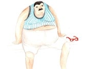 On The Beach II. Watercolor Illustration Print Man Striped Turquoise Summer Ocean Sea Blue