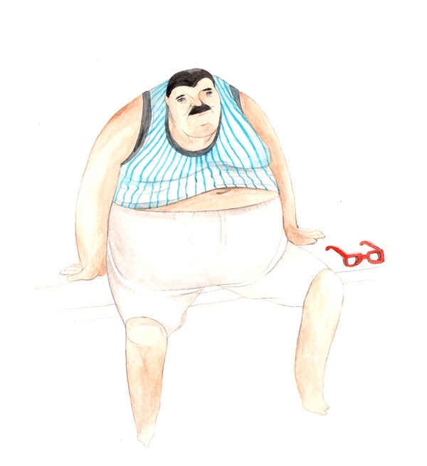 On The Beach II. Watercolor Illustration Print Man Striped Turquoise Summer Ocean Sea Blue