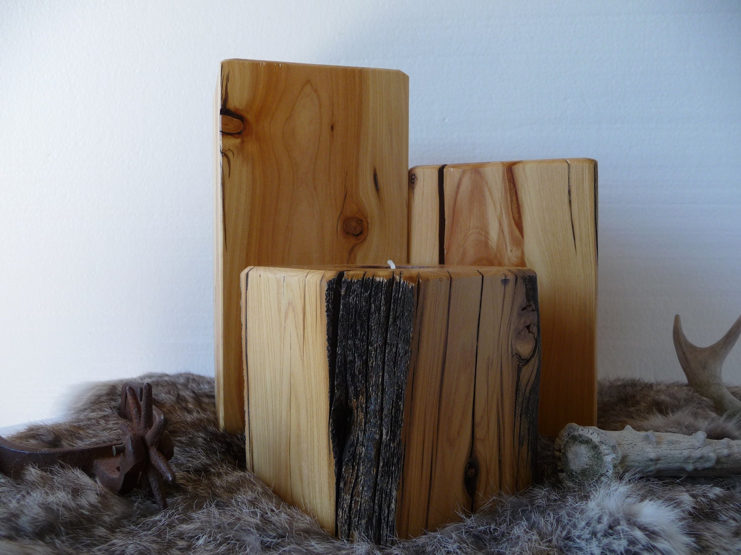 Rustic Western Juniper Wood Handcrafted Candle Holder Set Wedding Housewarming