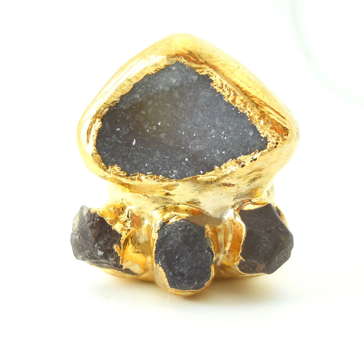 Champagne druzy and raw topaz ring, 18k gold dipped