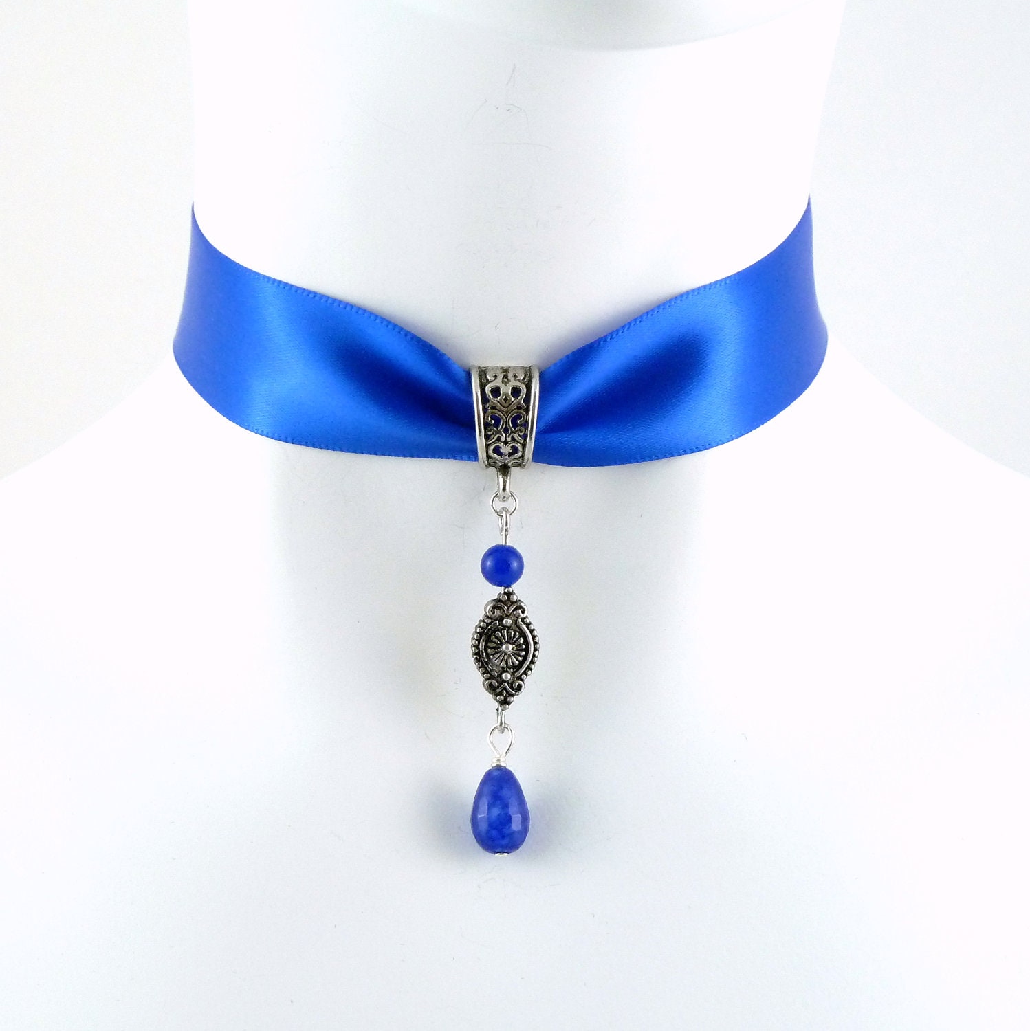 Blue Satin Choker Necklace With Long Sapphire Beads And Pewter