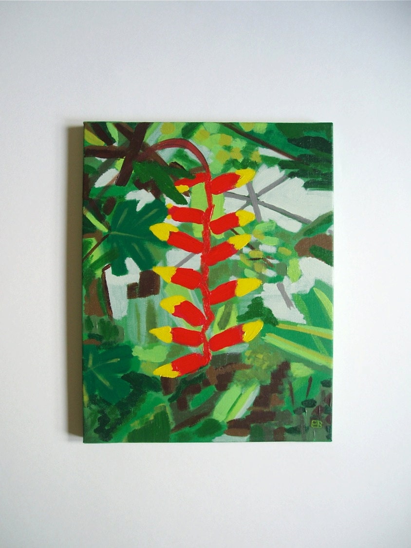 Original Acrylic Painting, 11x14, Abstract Red Flower on Green Leaf Background