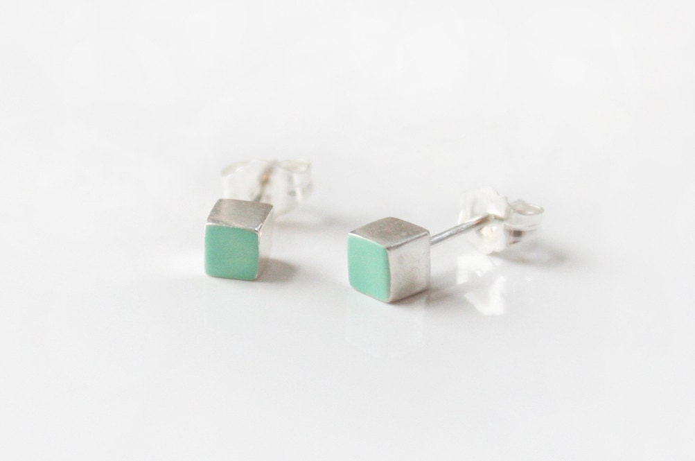 Mint Sterling Silver cube stud earring - green, turquoise