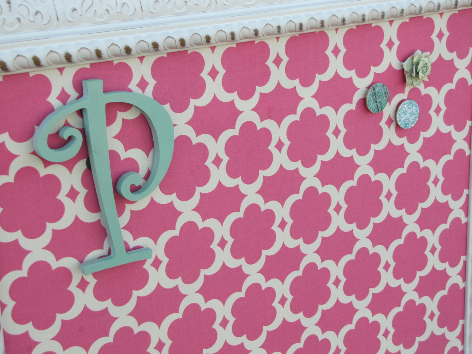 28x34 white, distressed FRAMED FABRIC MAGNET board, memo board, floral, organize 3 small magnets & small initial magnet, the charming wall